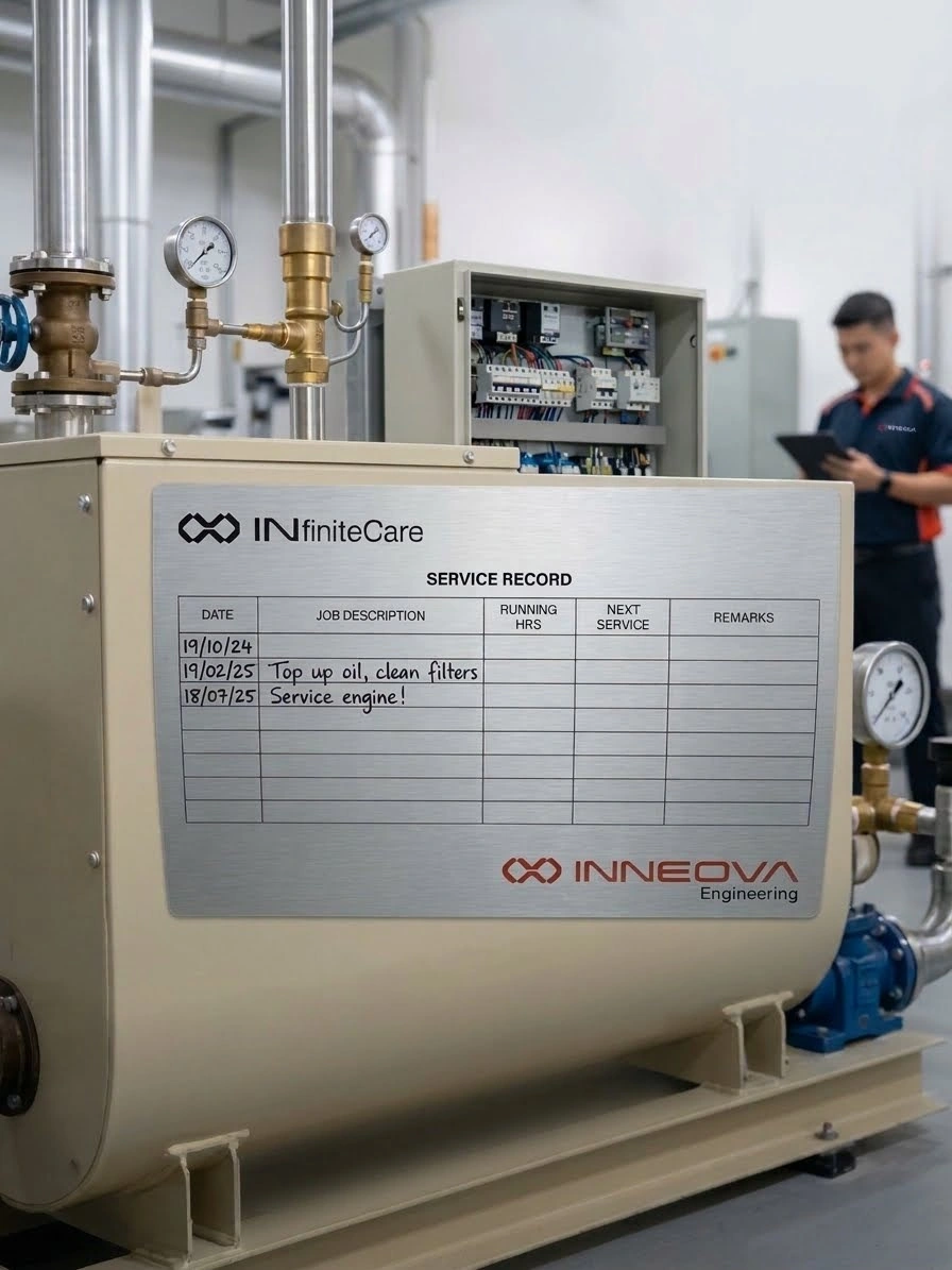 INfiniteCare service record plate on an equipment unit, with an INNEOVA engineer in the background